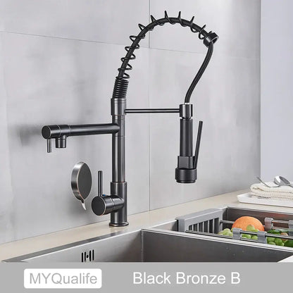 Decorbites black brass kitchen faucet with dual spout black brass kitchen faucet and flexible coiled gooseneck spray head
