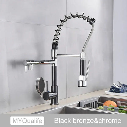 Decorbites black brass kitchen faucet in black bronze and chrome with dual spout and flexible pull-down spray head