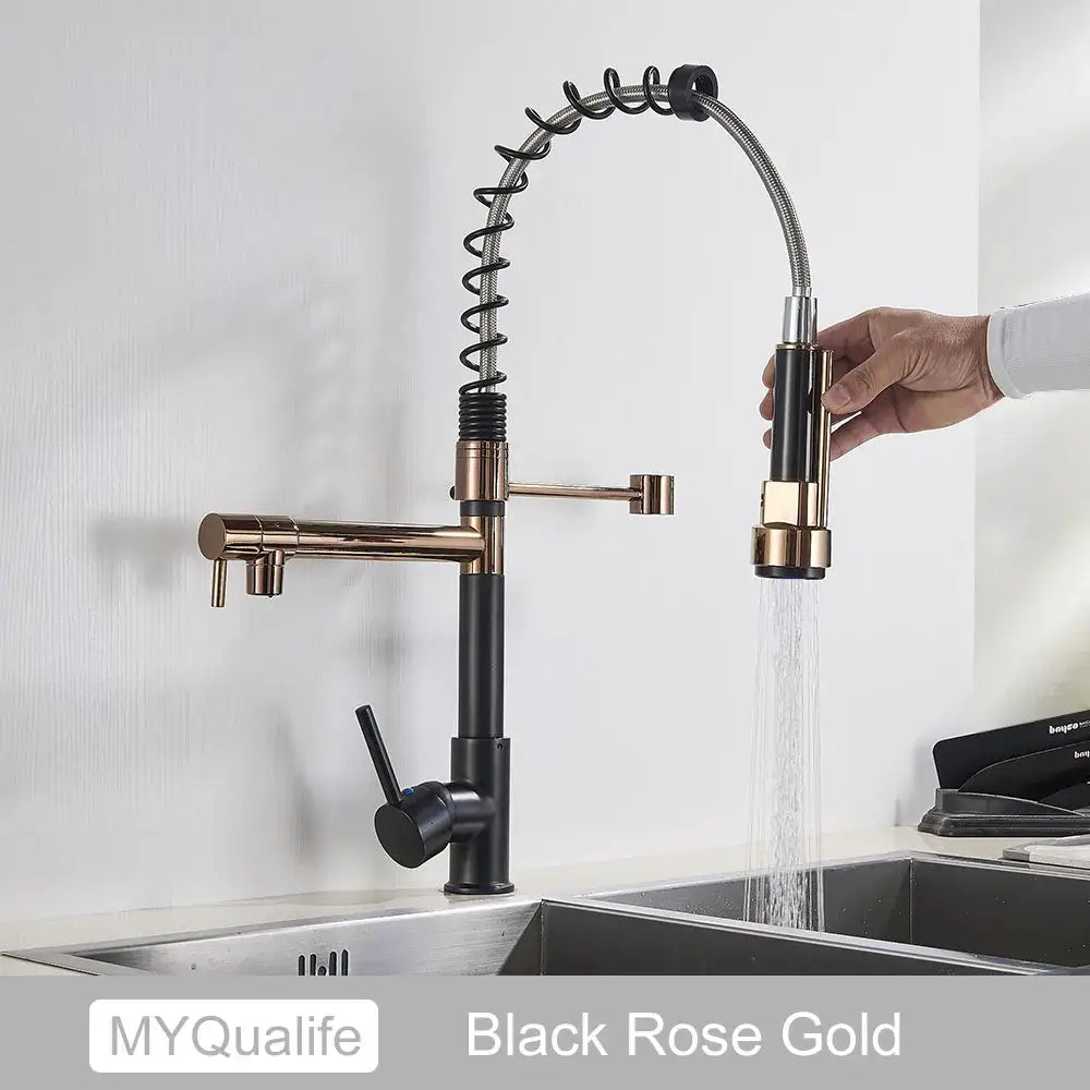 Decorbites black brass kitchen faucet with dual spout black and rose gold finish and flexible pull-down spray head