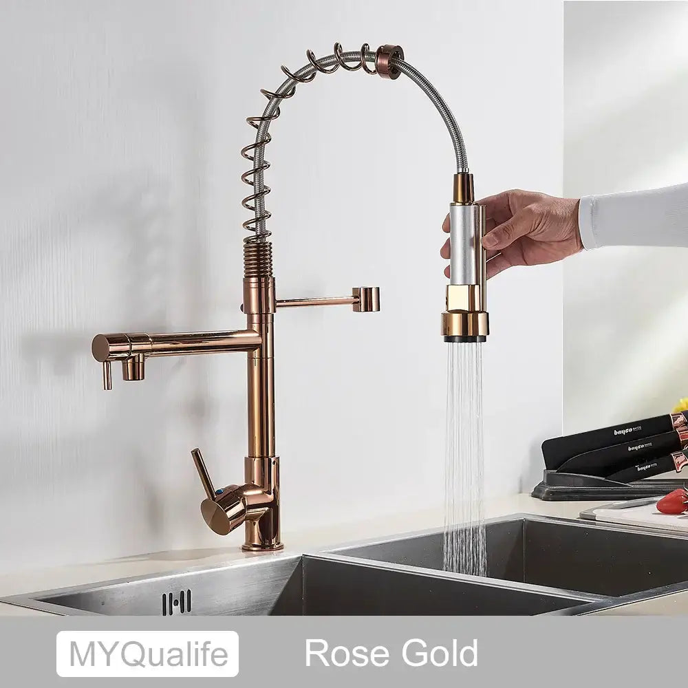 Rose gold kitchen faucet with flexible coiled hose and pull-down spray head for decorbites black brass kitchen use