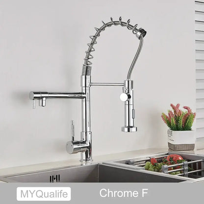Decorbites black brass kitchen faucet with dual spout flexible chrome gooseneck pull down spray and multiple control knobs