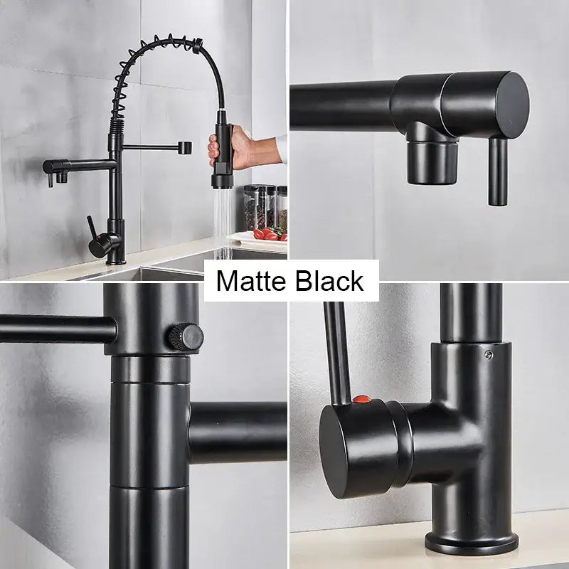 Matte black decorbites black brass kitchen faucet with flexible gooseneck and pull-down dual spray head