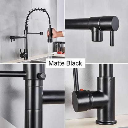 Matte black decorbites black brass kitchen faucet with flexible gooseneck and pull-down dual spray head