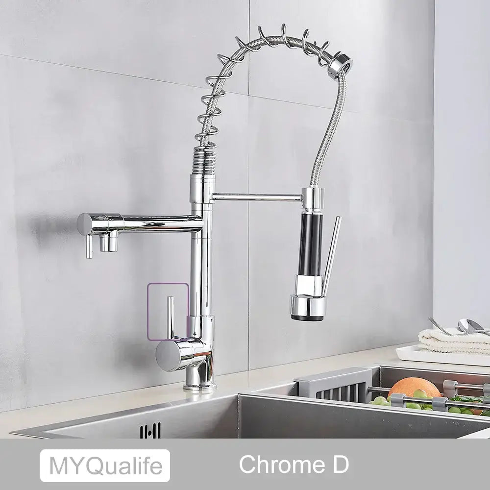 Chrome-finished decorbites black brass kitchen faucet with dual spout flexible coiled hose and black-accented spray head