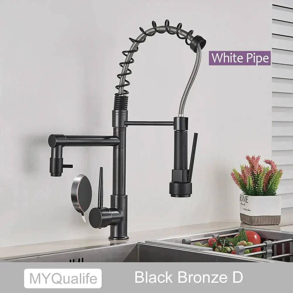Decorbites black brass kitchen faucet with black bronze finish, flexible coiled gooseneck spout, and pull-down spray head