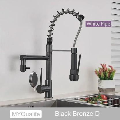 Decorbites black brass kitchen faucet with black bronze finish, flexible coiled gooseneck spout, and pull-down spray head