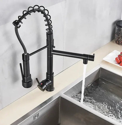Decorbites black brass kitchen faucet with dual spout pull down spray in black matte finish and flexible coiled hose