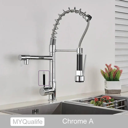 Chrome finished decorbites black brass kitchen faucet with flexible coiled hose and black accents on pull down spray head