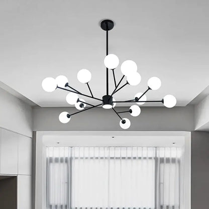Decorbites black chandelier with multiple white spherical glass globes for living room lighting fixture