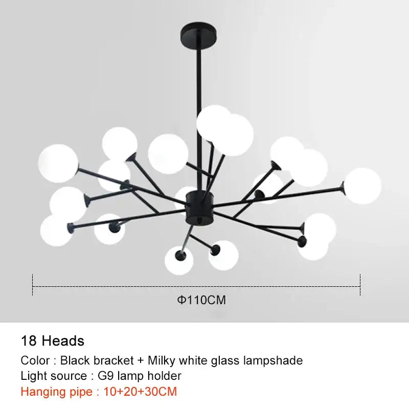 Decorbites black chandelier with 18 milky white glass globes for elegant living room lighting