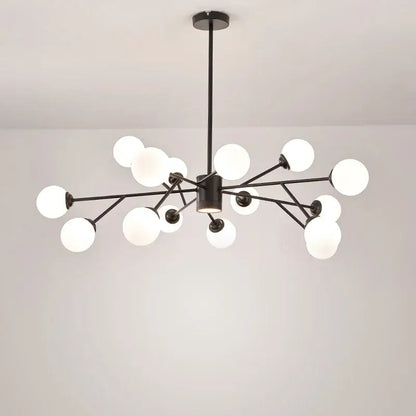 Modern black chandelier by Decorbites with frosted white glass globe bulbs for elegant living room lighting