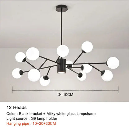 Decorbites black chandelier with twelve milky white glass globes designed for living room lighting