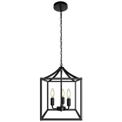 Decorbites black farmhouse chandelier lantern pendant light with four exposed bulb sockets in black metal design