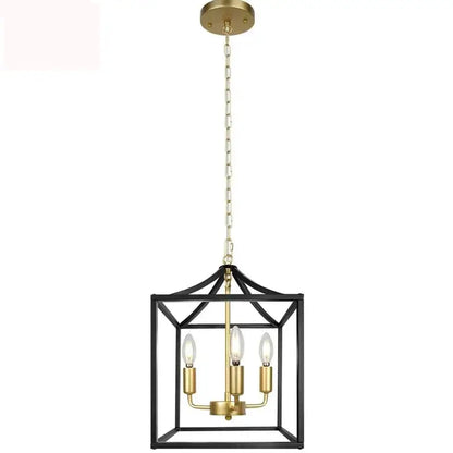 Decorbites black farmhouse chandelier lantern pendant light with black and brass cage design and three exposed bulbs