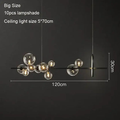 Modern black metal DecorBites™ led pendant chandelier with ten clear glass globe lampshades for dining room use