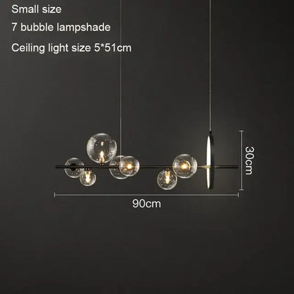 Modern minimalist black metal led pendant chandelier with seven clear glass bubble lampshades for dining room and kitchen