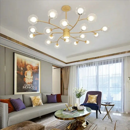 Gold-toned decorbites black glass ball molecule chandelier with multiple spherical glass bulbs for nordic luxury design