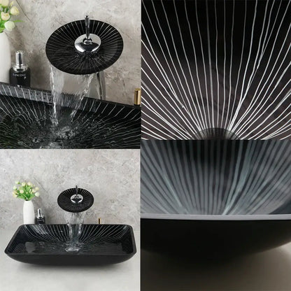 Black ceramic decorbites black glass bathroom sink set with radial white lines and sleek chrome waterfall faucet
