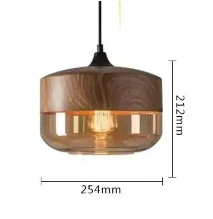 DecorBites black glass pendant light fixture with warm amber glass and wooden top for modern indoor decor