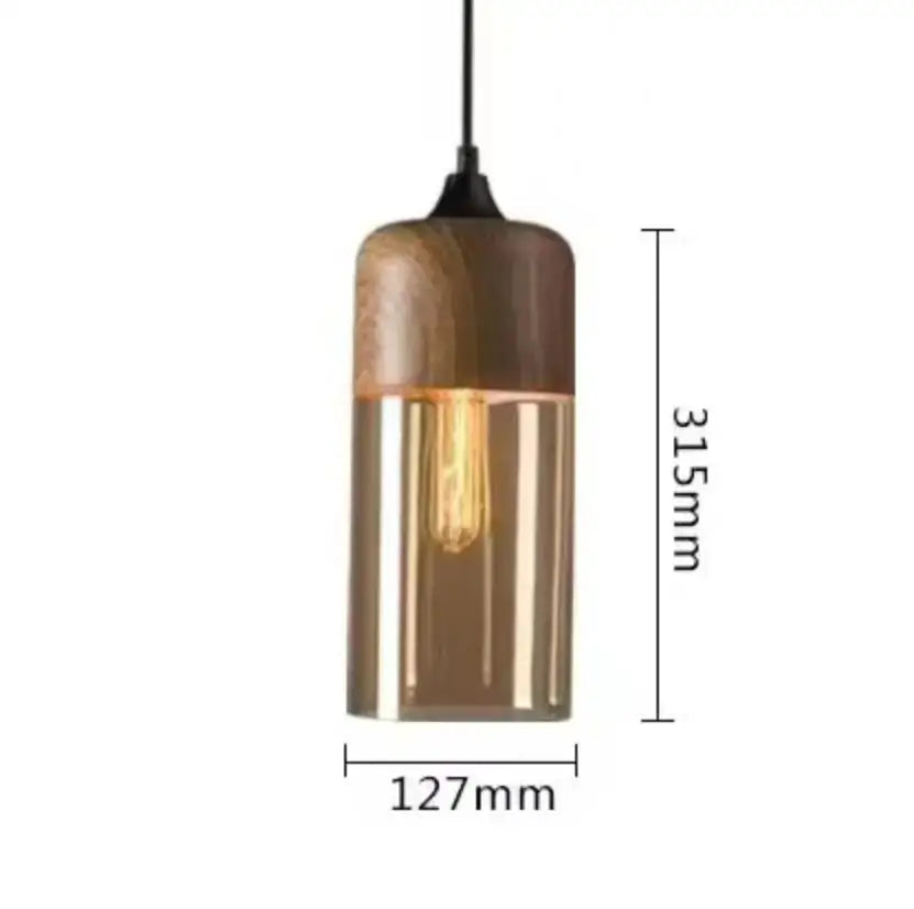 DecorBites™ black glass pendant light fixture with cylindrical glass body and wooden top for modern indoor decor