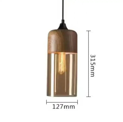 DecorBites™ black glass pendant light fixture with cylindrical glass body and wooden top for modern indoor decor