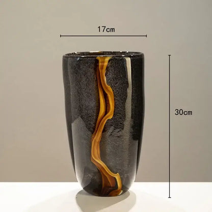 Decorbites black glass vase with swirling amber and gold accent for floral arrangement and terrarium decoration