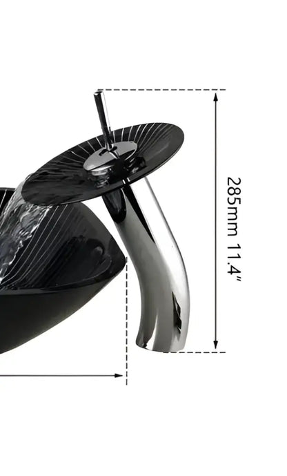 DecorBites black glass waterfall bathroom sink tap faucet with chrome finish curved spout and circular black disc handle