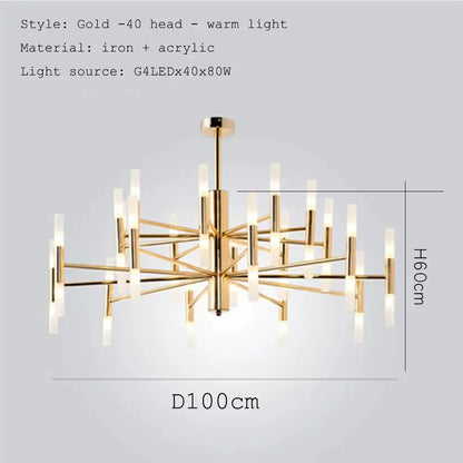 Gold-colored modern DecorBites black gold art decor led ceiling chandelier with geometric starburst design and 40 warm lights