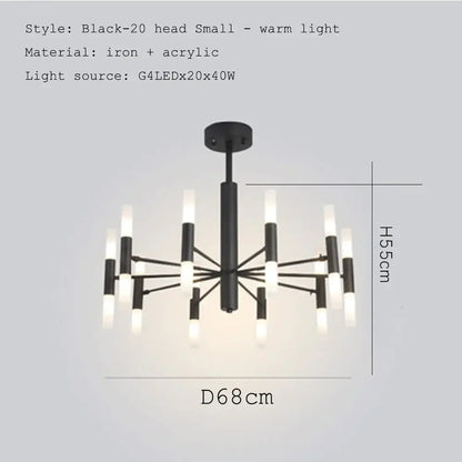 DecorBites black gold art decor black modern LED chandelier with twenty warm white acrylic lights on iron frame