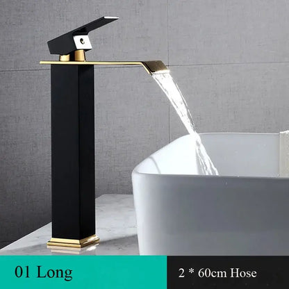 DecorBites black gold basin faucet deck mounted modern waterfall faucet with sleek rectangular black gold design