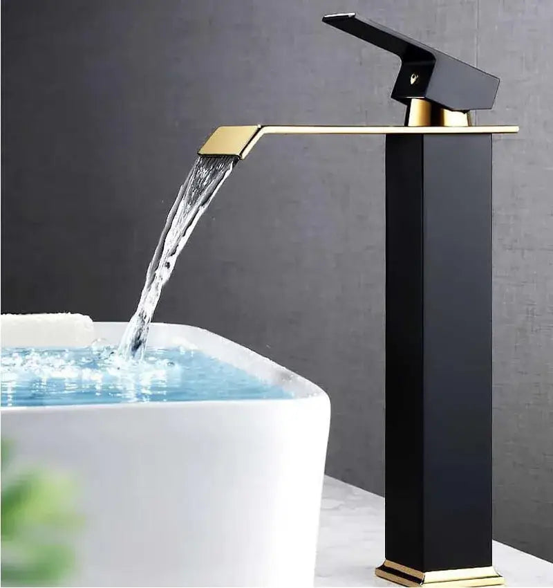 Modern black gold basin faucet decorbites black gold deck mounted waterfall sink tap with sleek rectangular design