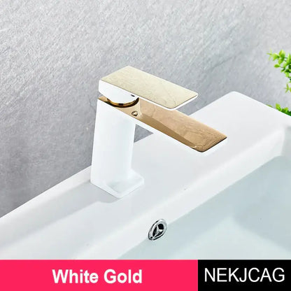 White gold basin faucet by DecorBites black gold with modern rectangular spout and handle for bathroom sink deck mounting