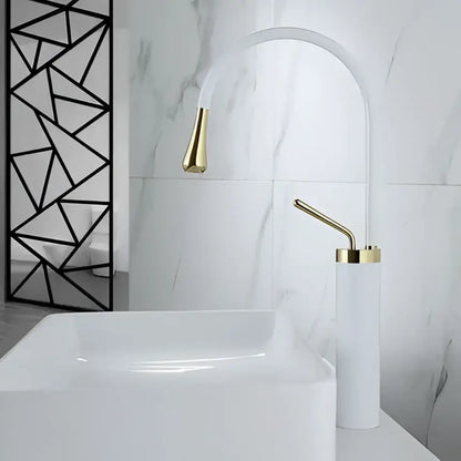 Decorbites black gold basin faucet with gold finish arched design and matching cylindrical base for kitchen sink use