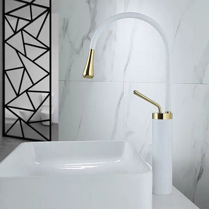 Modern decorbites black gold basin faucet with white and gold finish, sleek curved spout, and minimalist design for kitchen sinks