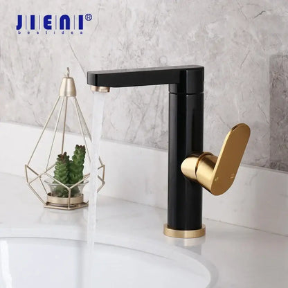 DecorBites black gold bathroom faucet with a sleek black gold rectangular spout and oval handle in brass space aluminum