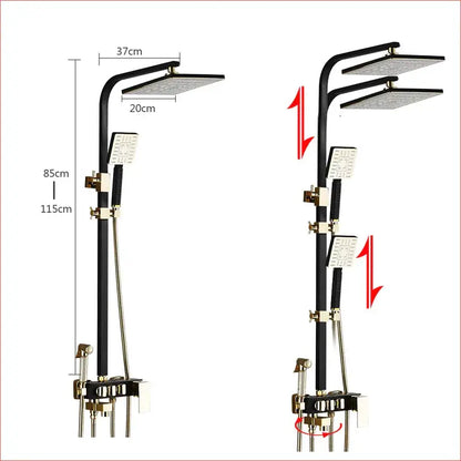 DecorBites black gold shower faucet set with two square rainheads and handheld spray for luxurious bathroom use