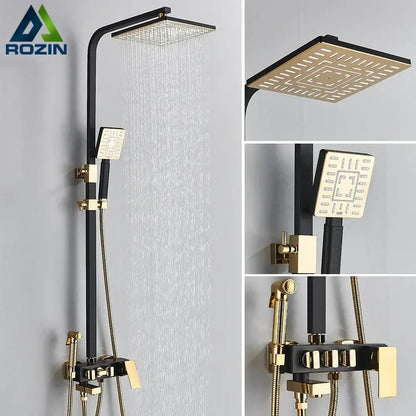 Decorbites black gold bidet shower faucet set with square rainhead handheld spray and control panel in two-tone finish