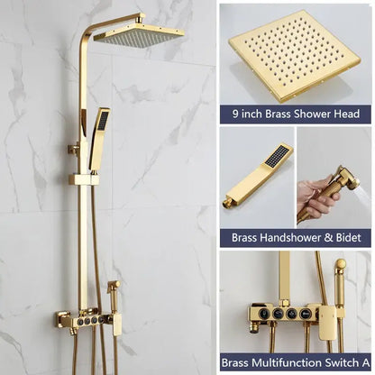 Decorbites™ black gold bidet shower faucet set in gold-finished brass with square rainhead handheld sprayer and multifunction switch