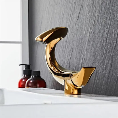 Golden sleekly curved decorbites black gold brass bathroom faucet mixer for sink deck mounted in chrome gray