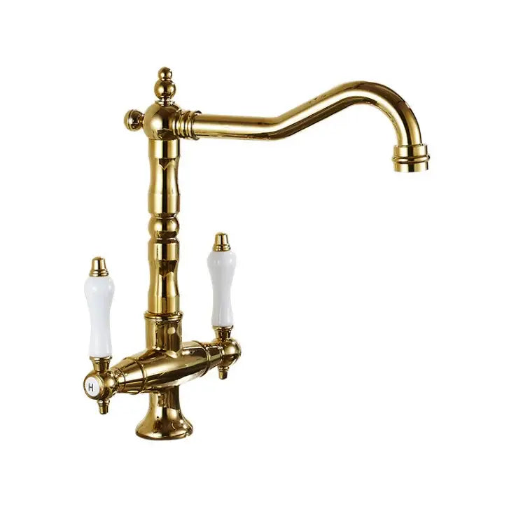 Brass-finished DecorBites™ black gold kitchen sink faucet with double white ceramic handles and curved spout