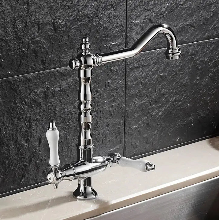 Chrome-finished DecorBites™ black gold brass kitchen sink faucet with vintage design and white ceramic double handles sink faucet