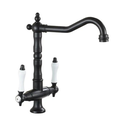 DecorBites black gold brass kitchen sink faucet with black matte finish, white ceramic handles, and curved spout