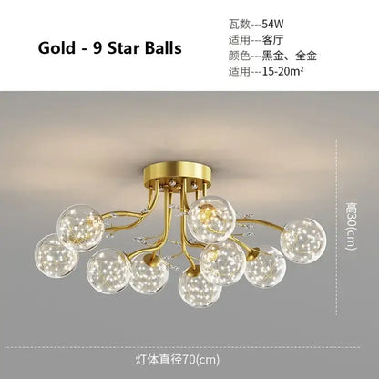 Gold-colored DecorBites black gold chandelier with nine clear star glass ball pendant lights featuring sparkling LED bulbs