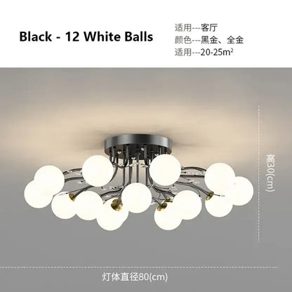 DecorBites black gold chandelier with black metal branching design and twelve frosted white spherical bulbs