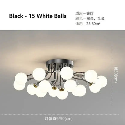 Black gold chandelier by DecorBites featuring a black ceiling light fixture with 15 white glass spherical bulbs in a modern design