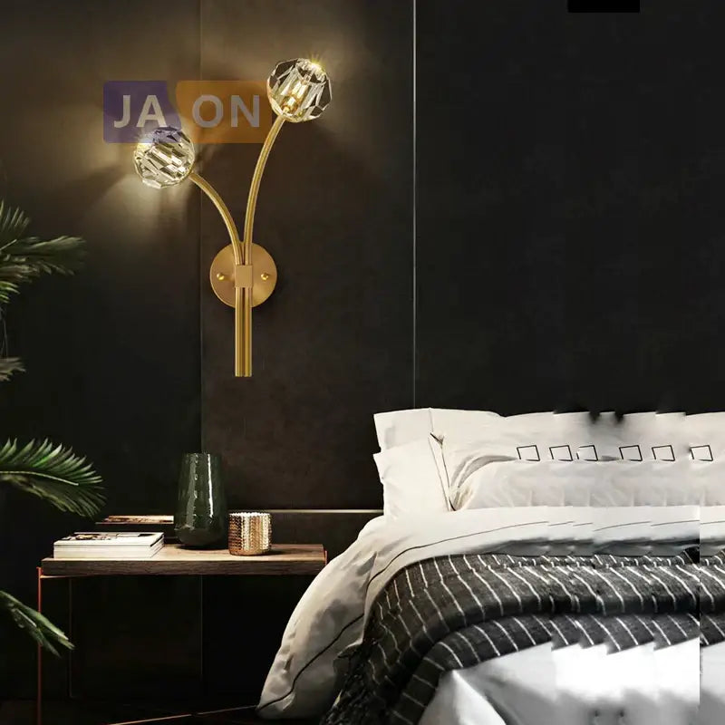 Decorbites™ black gold copper wall sconce light with gold-toned metal and two crystal globe shades for bedroom corridor