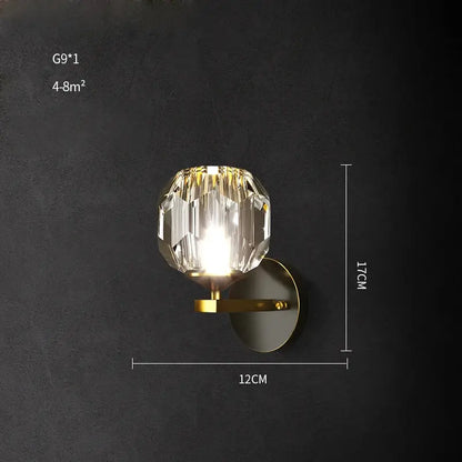 DecorBites black gold copper crystal wall sconce light with faceted crystal globe and gold-toned metal base for bedroom corridor