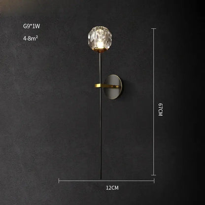 DecorBites black gold copper crystal wall sconce light with faceted globe emits warm light for bedroom corridor