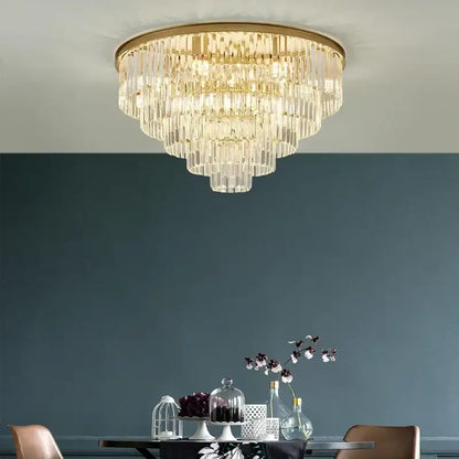 Decorbites black gold crystal ceiling chandelier with multi-tiered clear glass prisms and a gold crystal frame for luxe spaces