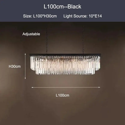 Decorbites black gold crystal ceiling chandelier with black rectangular frame and clear crystal prisms hanging from chain